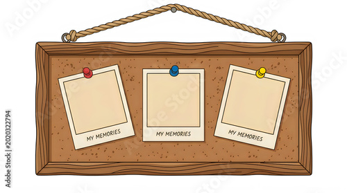 Wooden corkboard with photos pinned by colorful thumbtacks isolated on transparent background transparent background