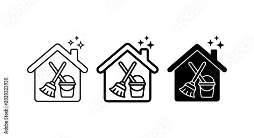 Tableau sur toile House Cleaning Icons Set, Mop and Bucket Vector Graphics, Sparkle Home Service S