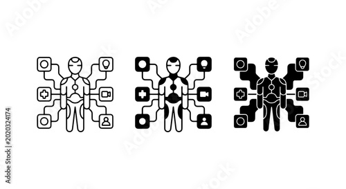 Cybernetic Humanoid Network Icons, Futuristic Digital Connection Symbols, Technology System Interface Elements