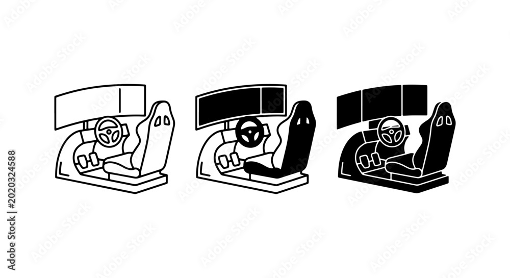 Εκτύπωση καμβά Racing Simulator Cockpit Icons, Gaming Setup Vector Set, Driving Wheel and Monit