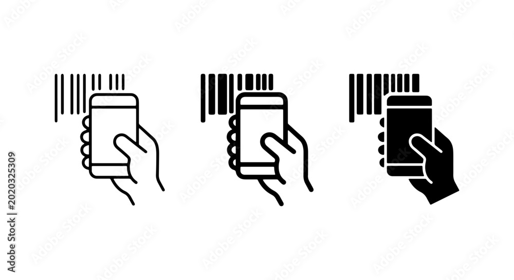 Obraz premium Barcode Scanning Mobile App Icons, Hand Holding Smartphone, Technology Icons, Vector Set