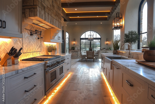 Cooking eggs on a stovetop, sunlight streaming into a bright kitchen with a large window and a long counter.