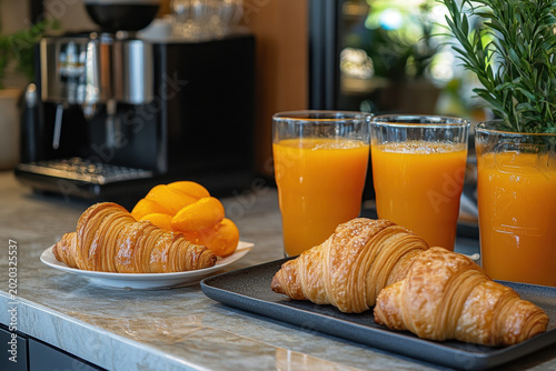 Plate of croissants next to a tray of orange juice.