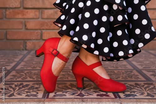 Spanish flamenco dancer poses in red shoes and polka dot skirt. Close-up view shows elegant footwear and traditional costume detail. Passionate dance art with cultural roots from Andalusia.