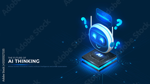 Robot head processing information on a circuit board, representing advanced ai, digital brains, and smart neural networks. Vector illustration