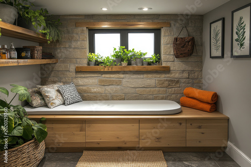 A plant sits on a window seat in a bright bathroom.