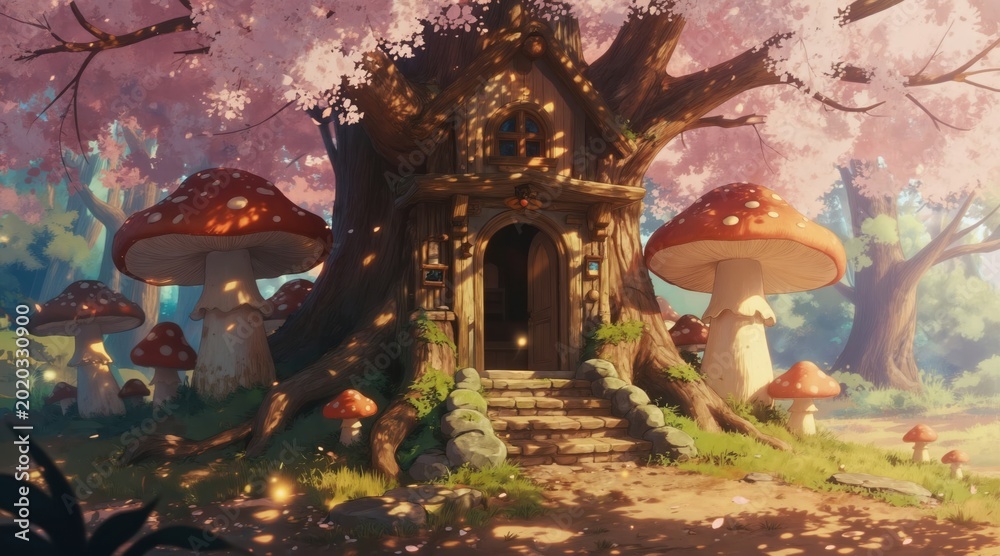 Obraz premium Whimsical treehouse home with large mushroom caps nearby. Enchanted forest path leads to open door. Sunlight filters through pink blossoms, creating magical woodland scene.