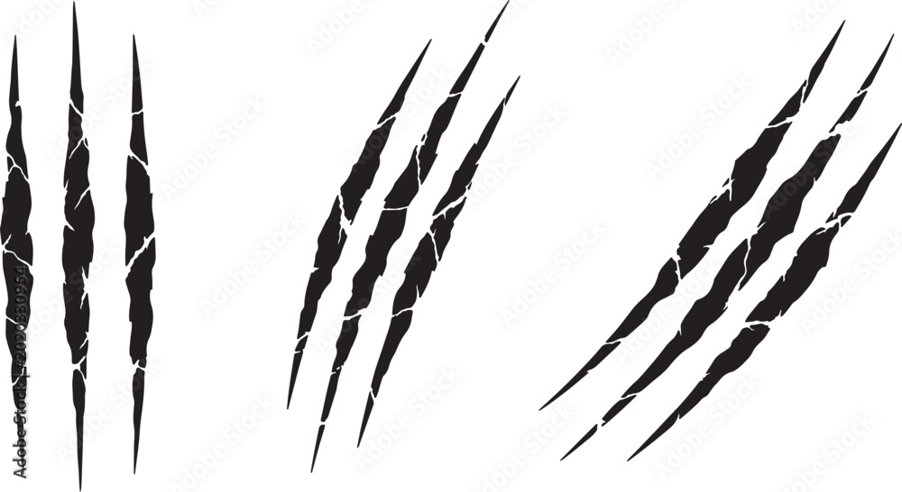 Εκτύπωση καμβά A trio of dynamic black claw marks etched onto a white surface, each set featuri