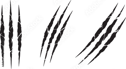 A trio of dynamic black claw marks etched onto a white surface, each set featuring jagged lines and a sense of forceful impact, aggressive also transparent background