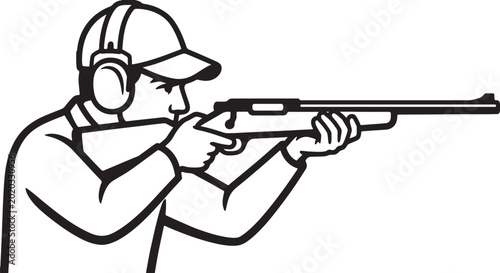 Billede på lærred A focused marksman aiming a rifle, depicted in a bold black and white style, emp