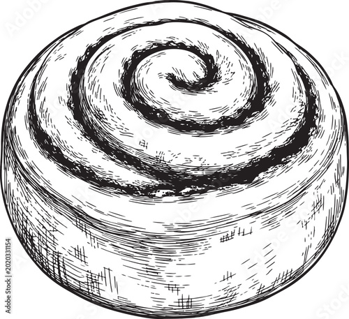 Hand-drawn of a delicious cinnamon roll, featuring a detailed spiral pattern and textured shading, evoking warmth, sweetness, and homemade baking artistry also transparent background