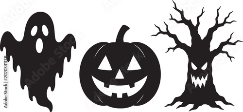 Spooky halloween silhouettes: a friendly ghost, a grinning jack-o'-lantern, and a gnarled, menacing haunted tree, creating a classic, eerie holiday scene also transparent background