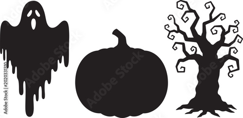 Silhouette set featuring classic halloween a dripping ghost, a round pumpkin, and a gnarled, spooky tree, all in solid black against a white backdrop, also transparent background