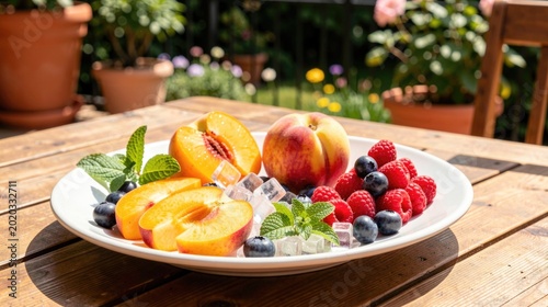 Peach berry fruit plate with crushed ice and mint under bright sun, summer fruit platter, cooling vitamin antioxidant mix