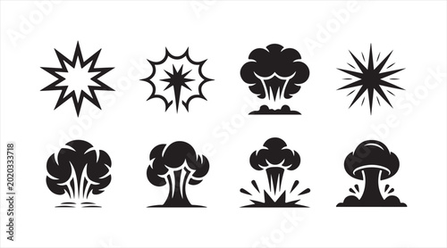 Explosion and smoke blast silhouette icon set