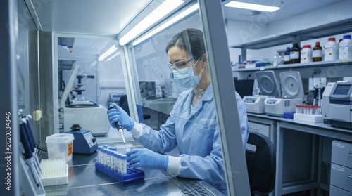 Dedicated virologist conducting hantavirus research in a sterile medical laboratory, meticulously pipetting samples for viral analysis and vaccine development.
