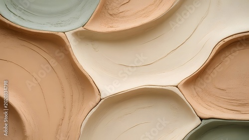 Abstract ceramic shapes in pastel colors close up of a textured wall installation