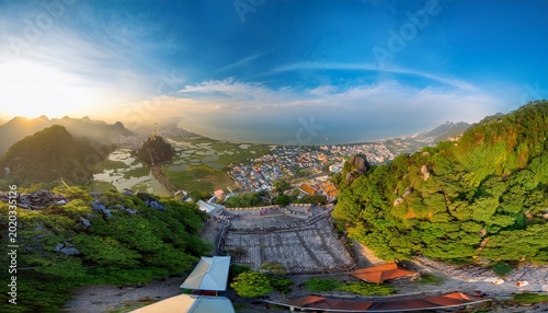 aerial view panoramic overlook lunar castles and french village on the top of ba na hills with beautiful castles streets campuses famous tourist destination of da nang vietnam near golden bridge