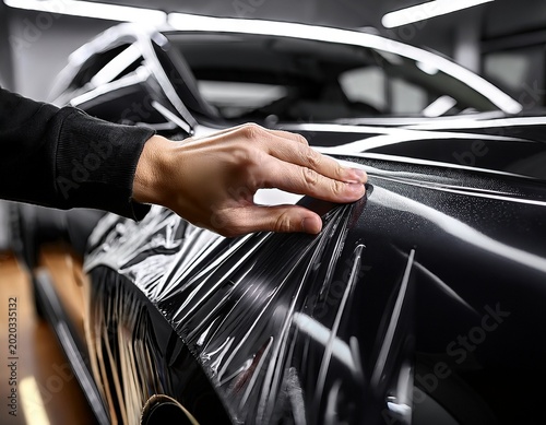 a specialist applies vinyl film on a car during a wrapping process shown in close up