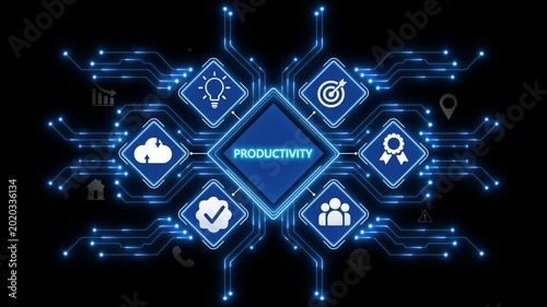 Productivity Workflow Animation with Smart Business Automation Network and Futuristic Digital Management Interface
