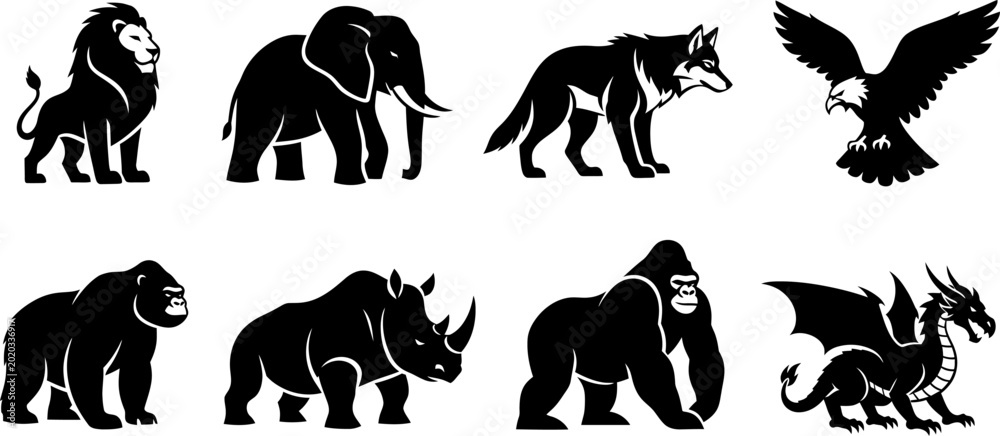 Εκτύπωση καμβά Mythical creatures and wild animals silhouettes collection vector art
