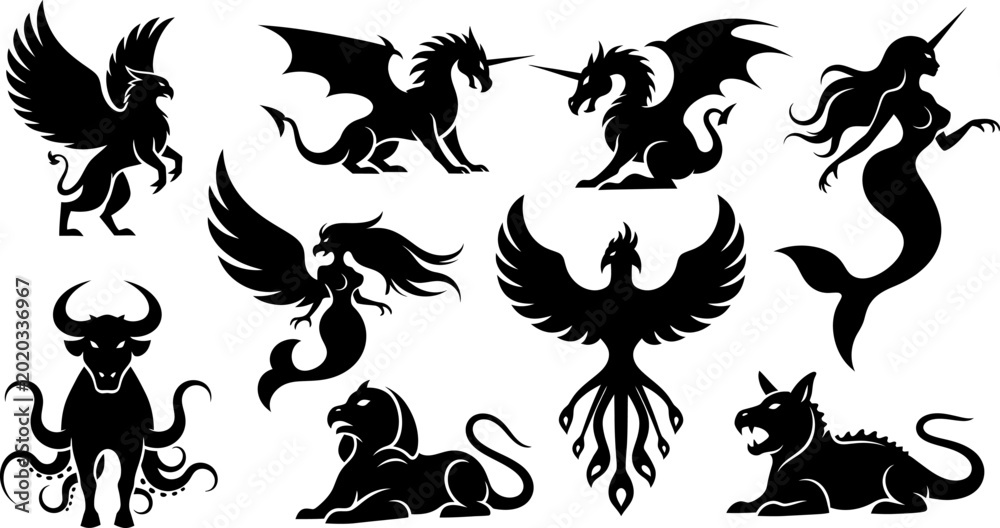 Foto Fantasy beasts and mythological figures silhouette vector graphic compilation