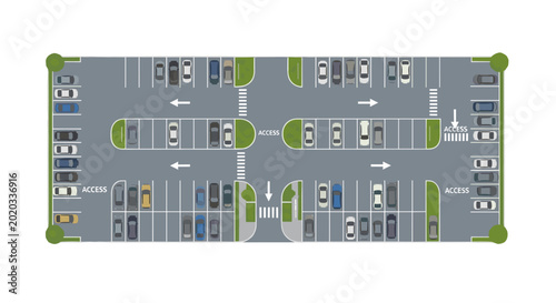 Modern car parking lot map showing rows of vehicles and designated access routes for efficient traffic.
