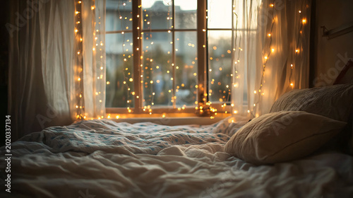 A delicate strand of fairy lights hanging above a bed