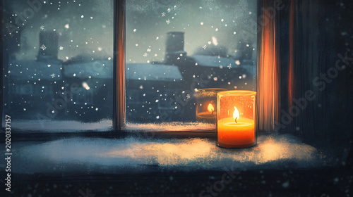 A flickering candle on a windowsill with snow gently, candle, flame, light, fire, dark, christmas, candles, burning, candlelight, wax, holiday, black, decoration, burn, celebration, xmas, religion, ni