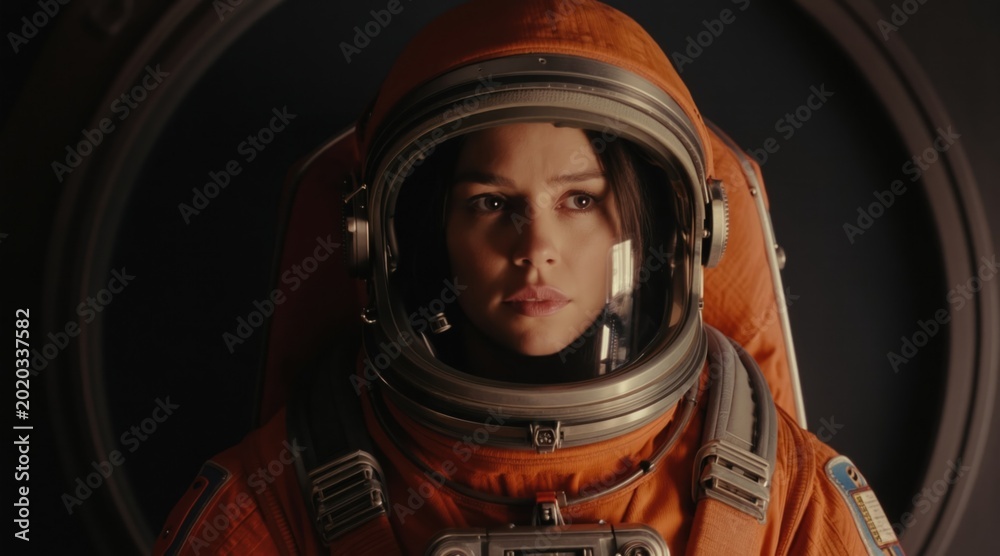 Fototapeta premium Woman astronaut in orange space suit with helmet on inside spacecraft. Female cosmonaut looks forward, ready for space mission. Sci-fi concept.