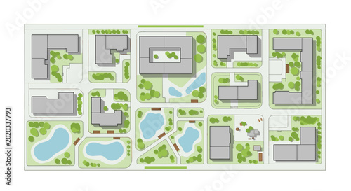 Schilderij op canvas Modern residential area master plan architectural site layout with green spaces and pond water features