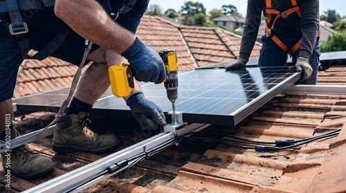 Fototapeta kuchenna Two workers in safety harnesses installing solar panels on a tiled rooftop using a power drill