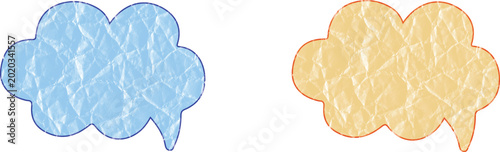 Two colorful speech bubbles with a crumpled paper texture