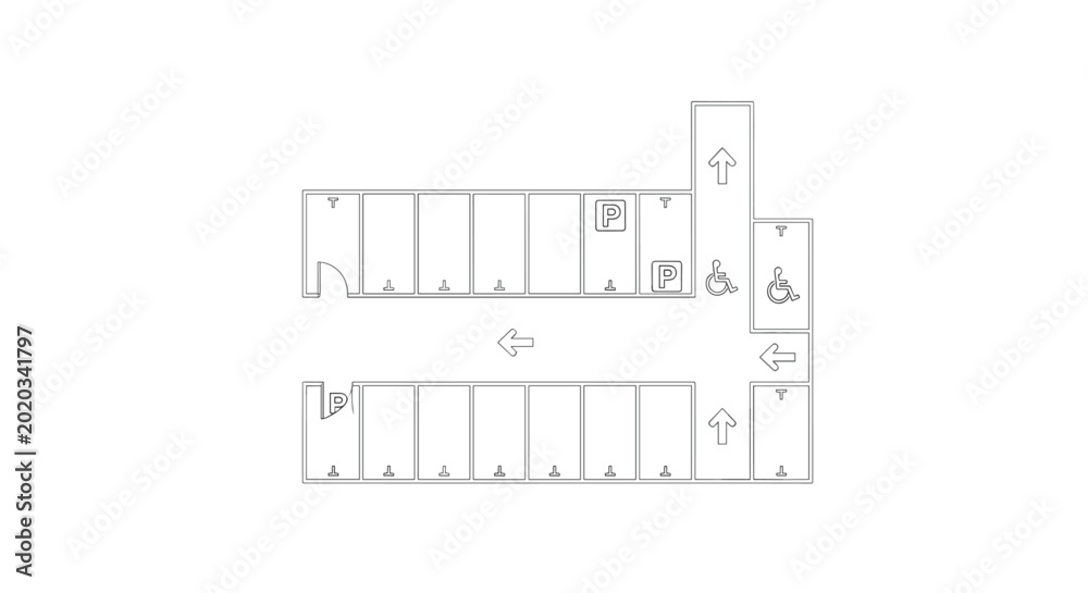 Φωτογραφία Parking lot top view map diagram showing marked stalls handicap spots and directional traffic arrows