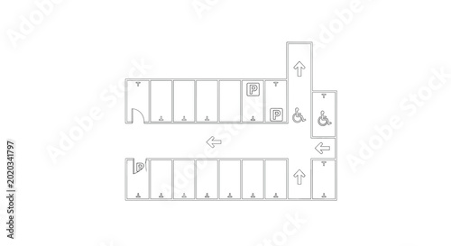Konstfotografi Parking lot top view map diagram showing marked stalls handicap spots and directional traffic arrows