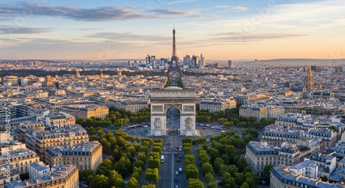 Arc de Triomphe majestueux au crépuscule avec la Tour Eiffel, vue panoramique de Paris pour la Journée du Souvenir, patrimoine historique français et architecture urbaine.