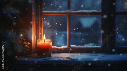 a flickering candle on a windowsill with snow gently, candle, flame, light, fire, dark, christmas, candles, burning, candlelight, wax, holiday, black, decoration, burn, celebration, xmas, religion, ni
