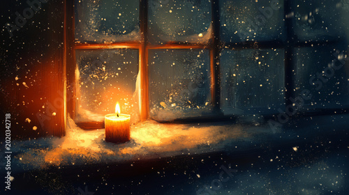 a flickering candle on a windowsill with snow gently, candle, flame, light, fire, dark, christmas, candles, burning, candlelight, wax, holiday, black, decoration, burn, celebration, xmas, religion, ni