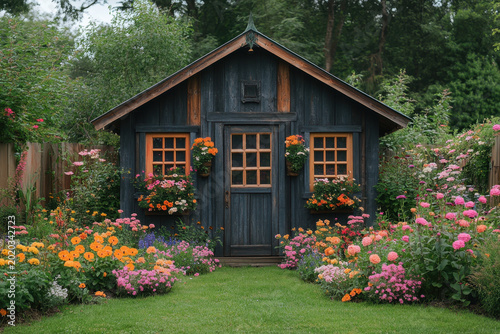 Colorful flowers bloom around a quaint garden shed.