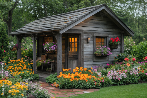 Small wooden shed with flowers in front.