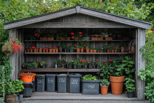 Pots and plants inside shed.