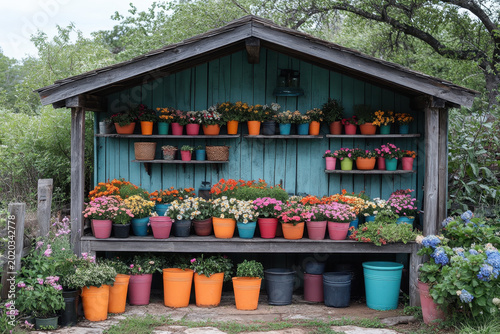 Pots of colorful flowers in a potting shed.
