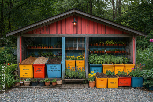 Colorful flowers and containers fill a quaint shed.