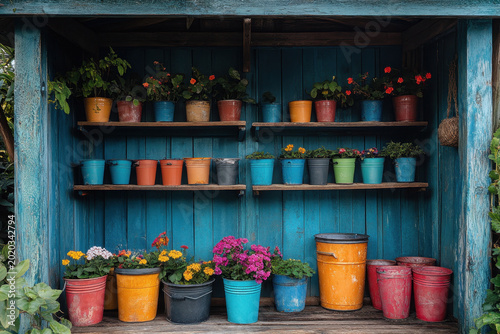 Colorful pots and flowers in a blue shed.