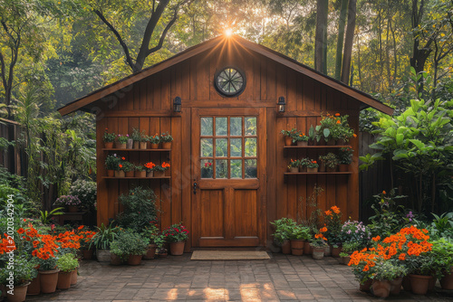 Potted plants and flowers outside a small wooden shed.