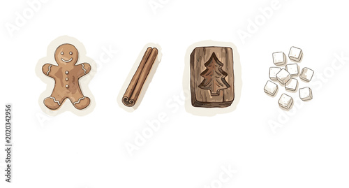 Gingerbread man, cinnamon stick, wooden baking mold, and a bunch of sugar cubes spaced out horizontally with airy gaps, soft naive