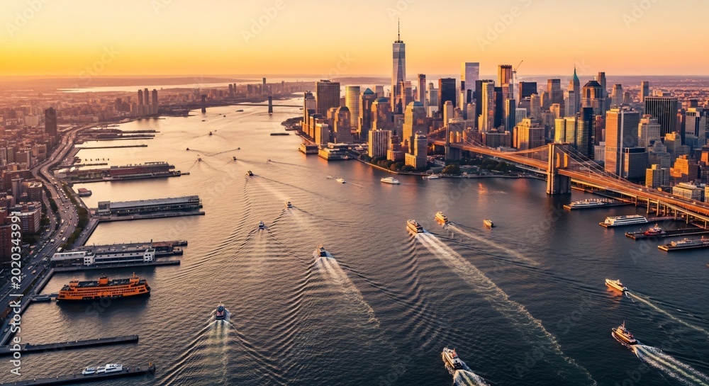 Obraz premium Skyline de Manhattan au coucher du soleil, One World Trade Center et pont de Brooklyn, trafic maritime sur l'East River, symbole de résilience et de paix, lumière dorée urbaine.