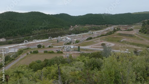 Geothermal Power Station in Wairakei, New Zealand. The station harnesses geothermal energy to generate electricity, contributing to renewable energy production.