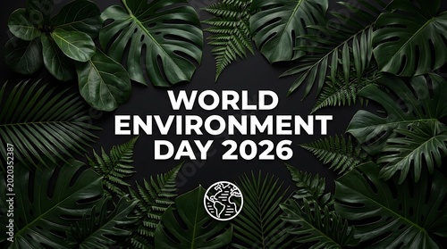World Environment Day 2026 text surrounded by lush dark green tropical leaves and a small globe icon