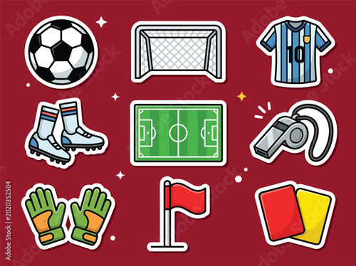 Creative soccer sticker vector collection with football gear, referee cards, field, gloves, jersey, goal net, and sports accessories in modern cartoon style illustration